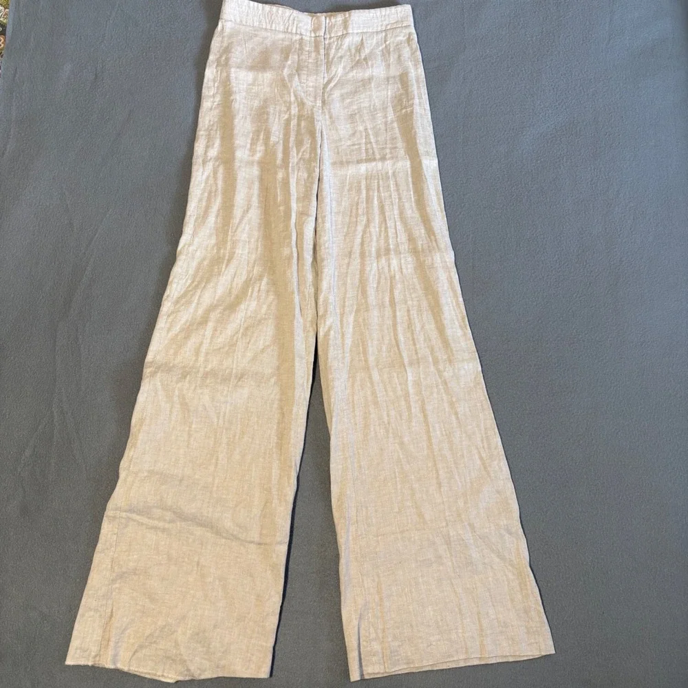 Theory Terena Terra Wash Pants Womens 4 Beige Linen Blend Wide Leg H0503216 FLAW